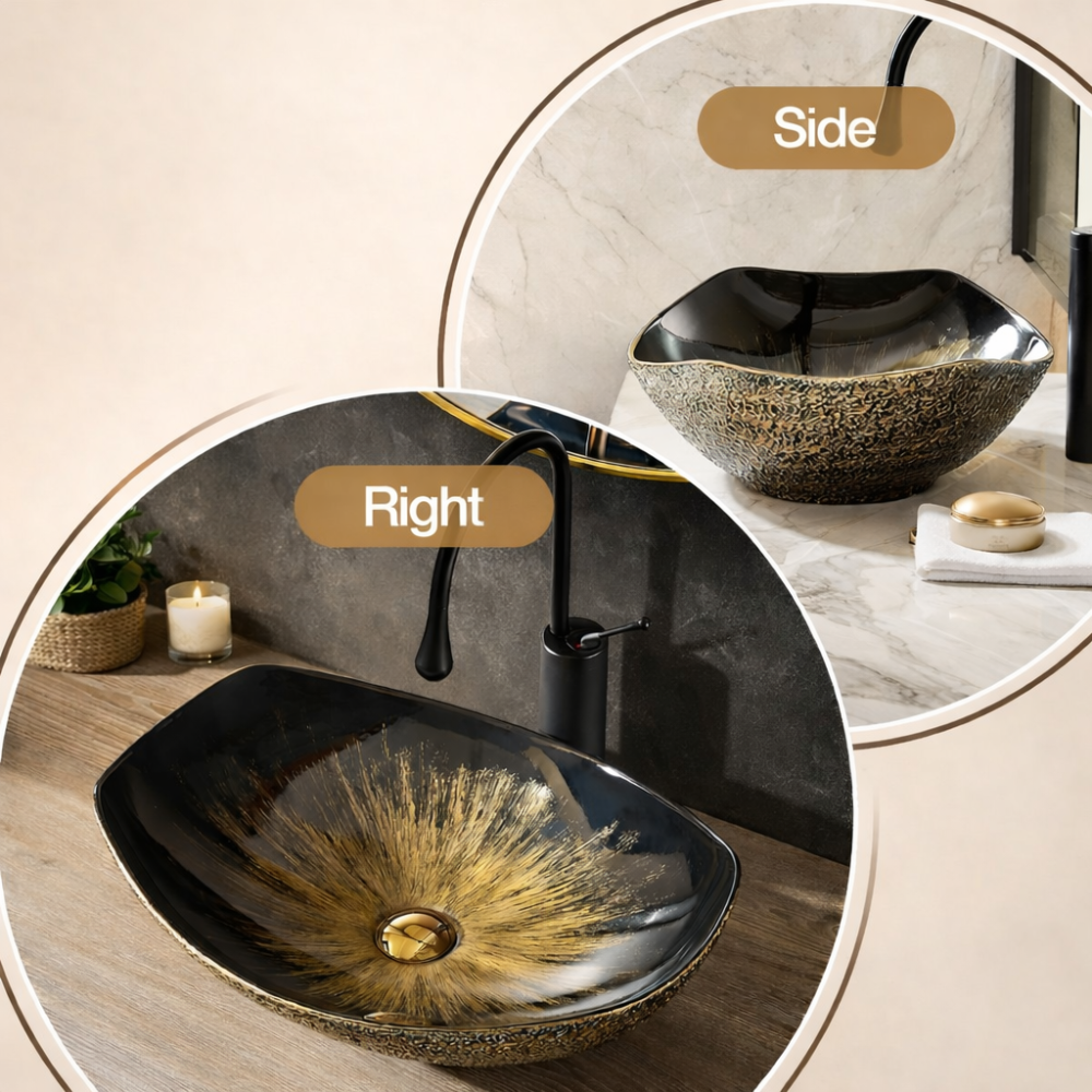 Design-Waschschale aus Keramik – Oval 56 × 40 cm, Schwarz mit Vintage-Gold Rand