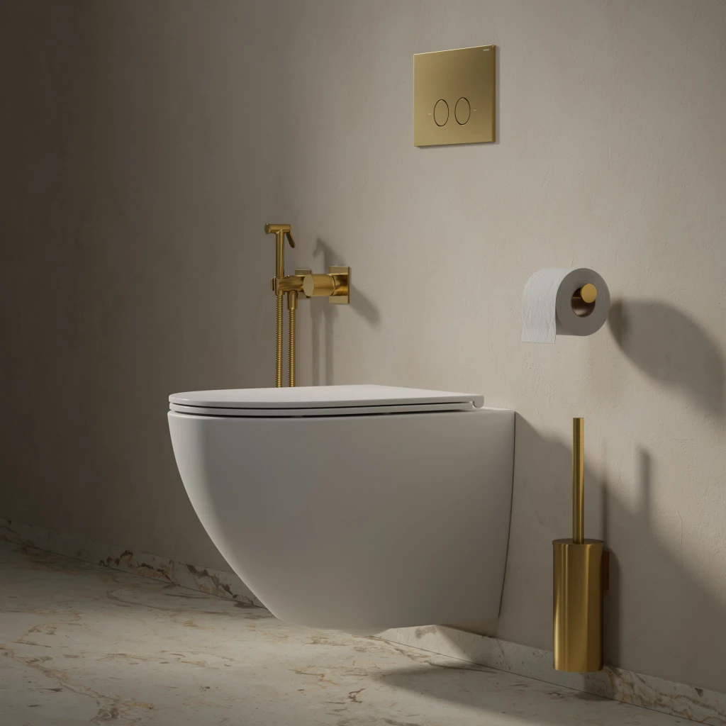 ECO FLUSH SET STRONGFRAME Vorwandelement mit ECO-Spülung für Wand-WC + STEEL-R45 WC-Betätigungsplatte aus Edelstahl Gold gebürstet (GLB) STFWCECO1R45-RGLB