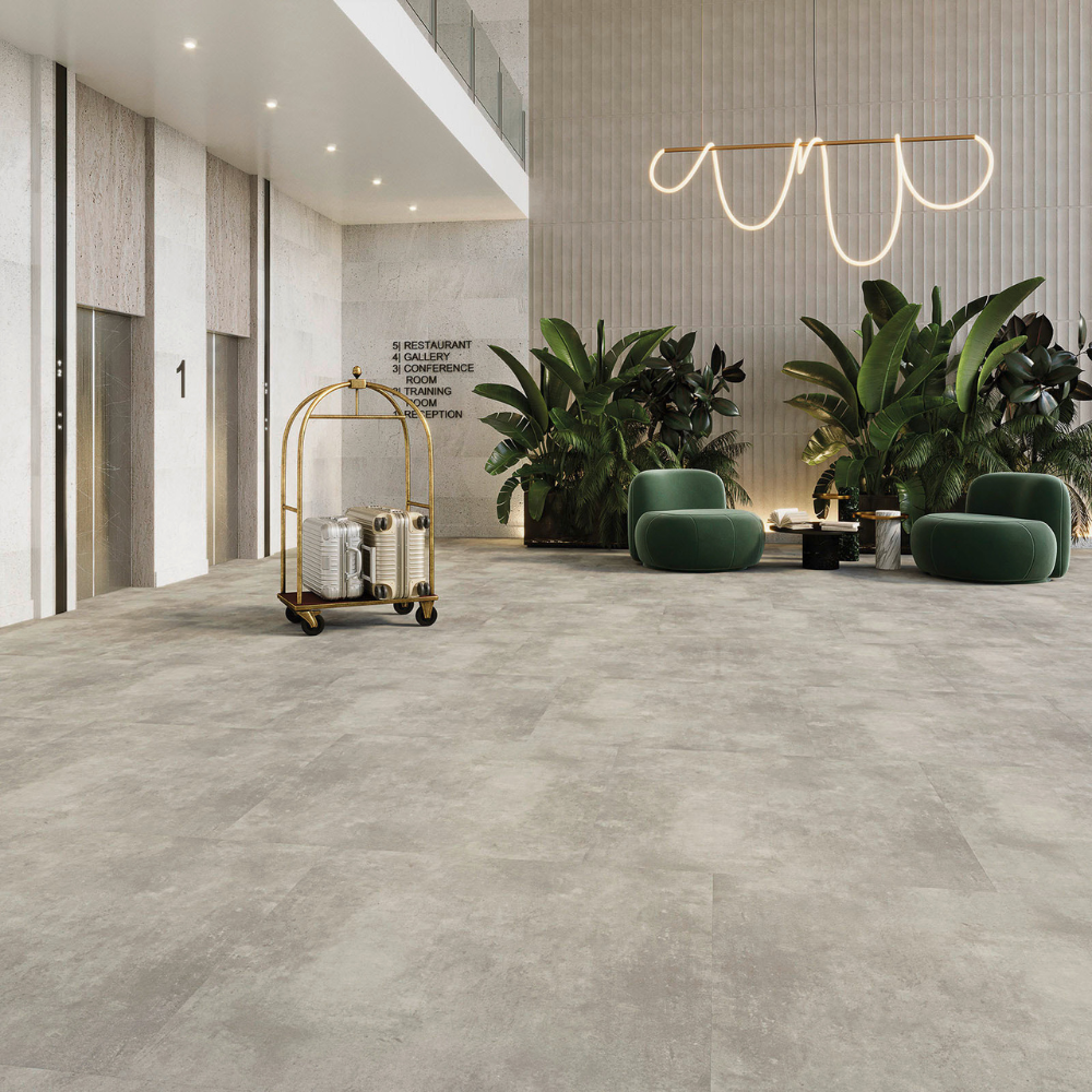 DESIGN 555  Patchy Concrete Click 609 6,0mm/NS 0.55mm Joka Designböden 555 Rigid Board m. IXPE 