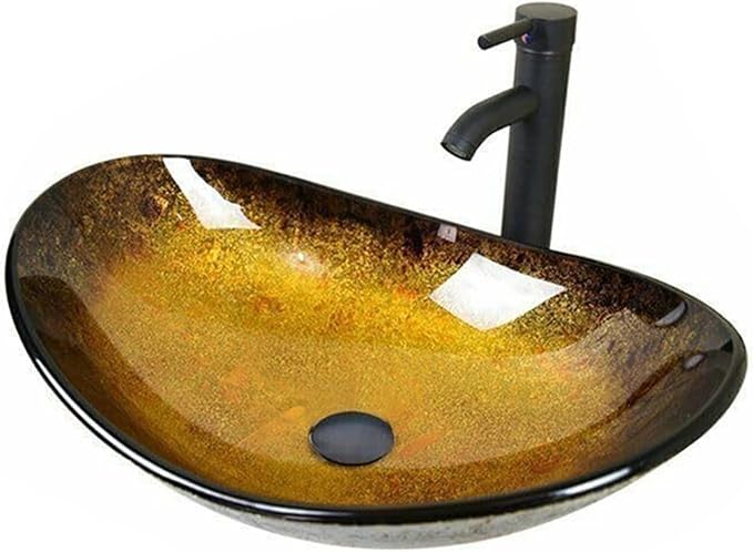 Design-Waschschale aus Glas – Oval 53 × 35 cm, Gäste-WC Handwaschbecken mit Ablauf,Schwarz-Gold Verlauf 
