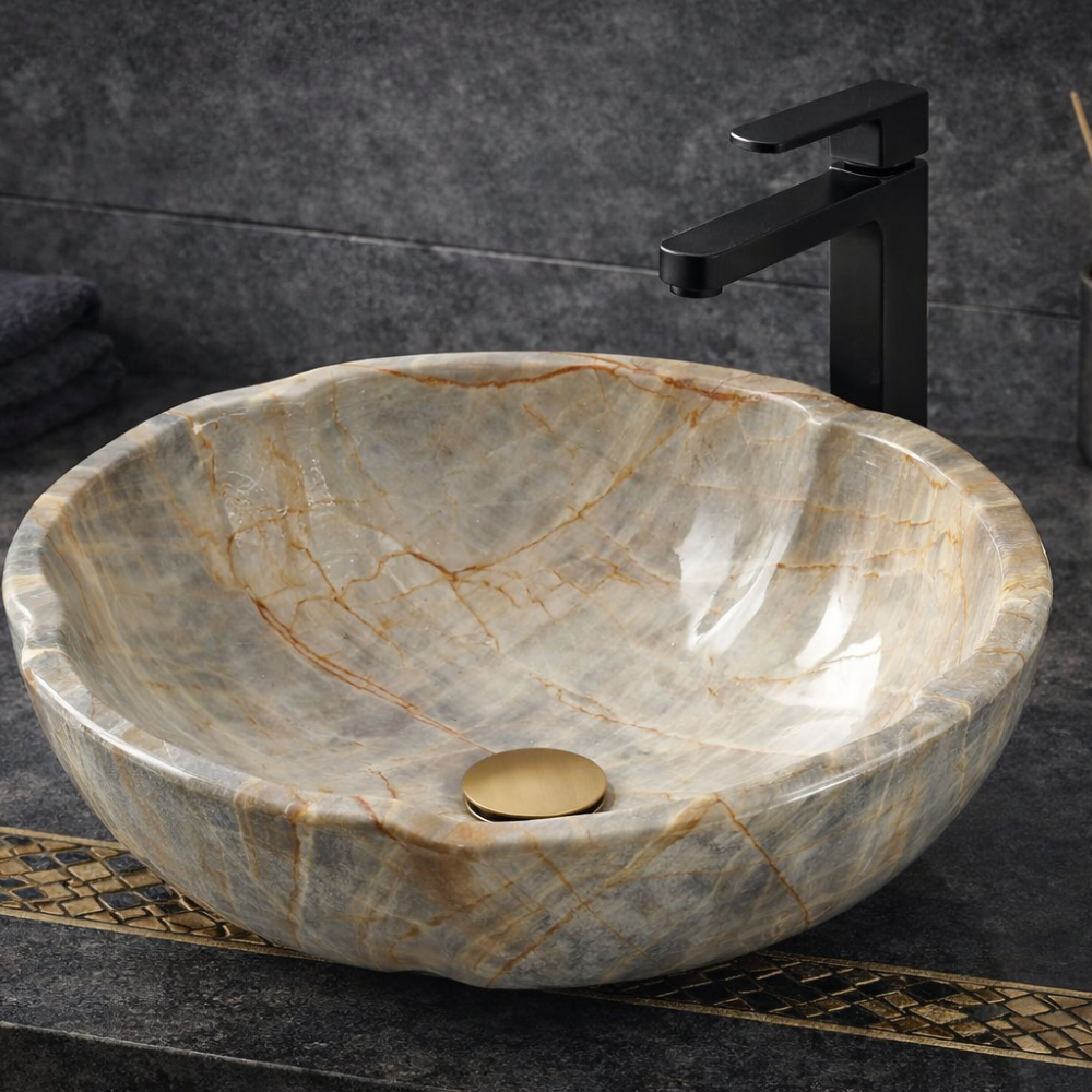 Design-Waschschale aus Keramik – Blütenform 42 × 15 cm, Handgefertigt, Rosin Jade