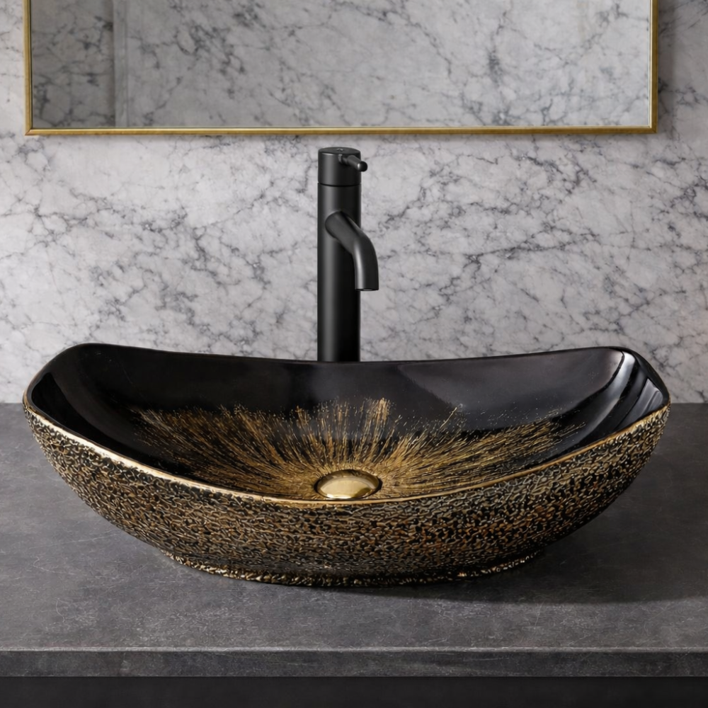 Design-Waschschale aus Keramik – Oval 56 × 40 cm, Schwarz mit Vintage-Gold Rand