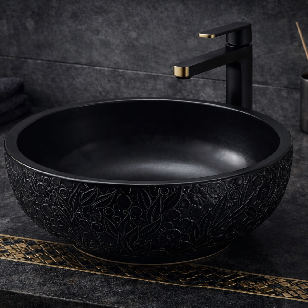 Design-Waschschale aus Keramik Schwarz Handgefertig– Rund 42 × 16 cm 